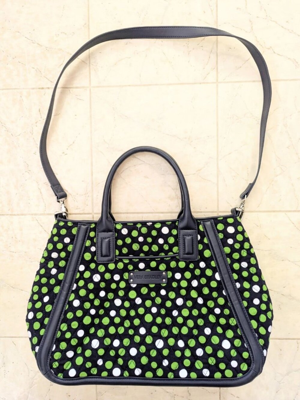 Vera Bradley Lucky Dots Polka Dot Satchel Top Handle Bag Strap Navy Green NWOT